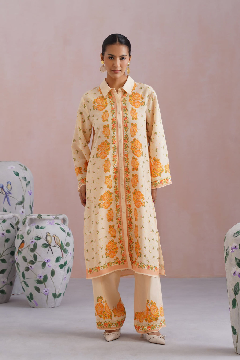 Cream & Orange Floral Digital Placement Printed Kurta Set Korah Stitch