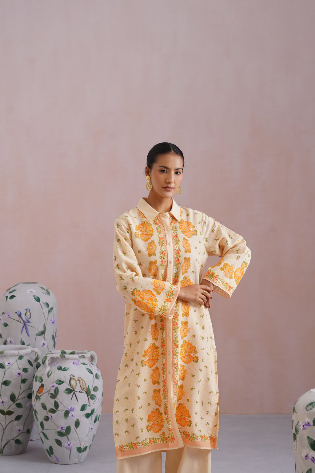 Cream & Orange Floral Digital Placement Printed Kurta Set Korah Stitch