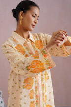Cream & Orange Floral Digital Placement Printed Kurta Set Korah Stitch