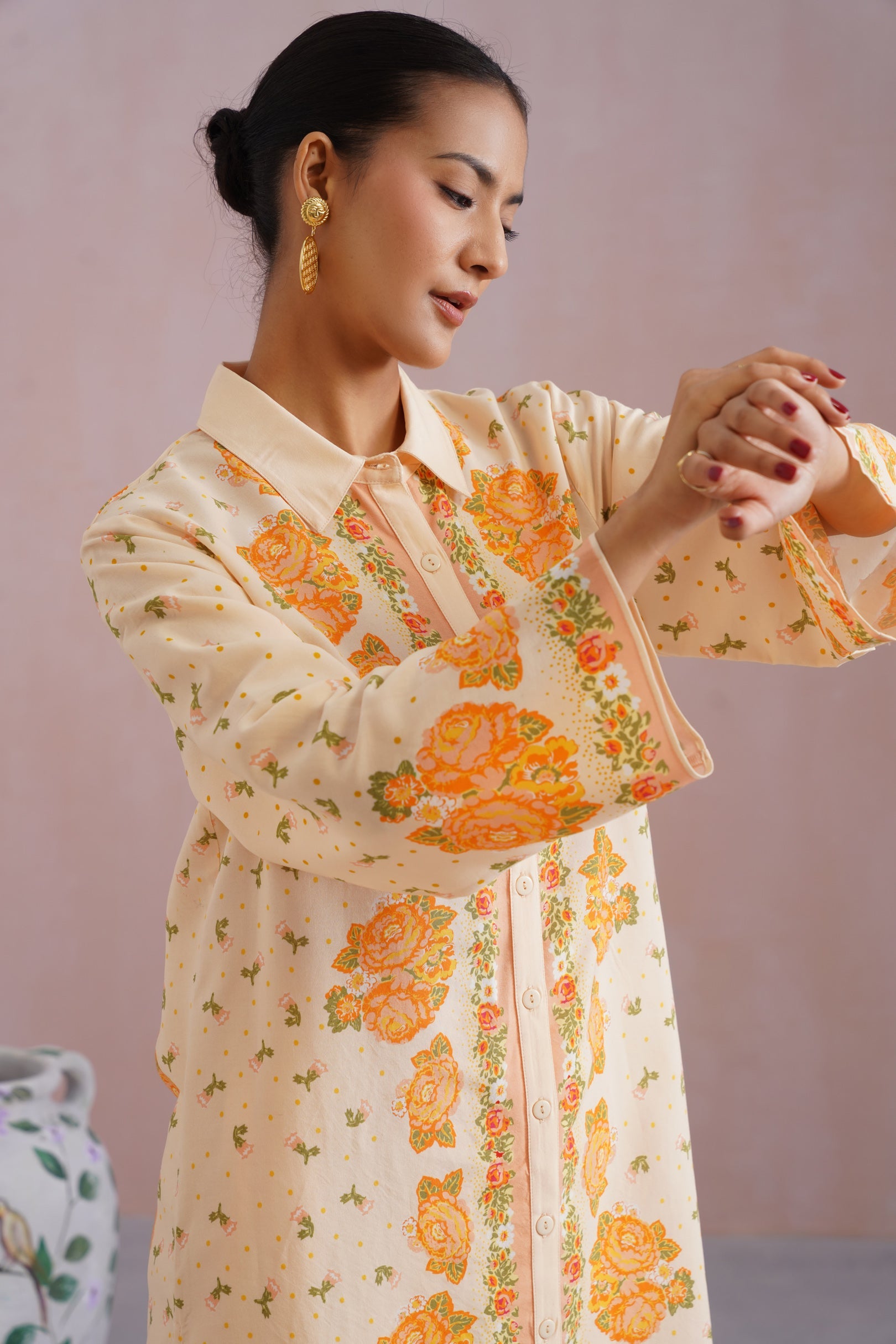 Cream & Orange Floral Digital Placement Printed Kurta Set Korah Stitch