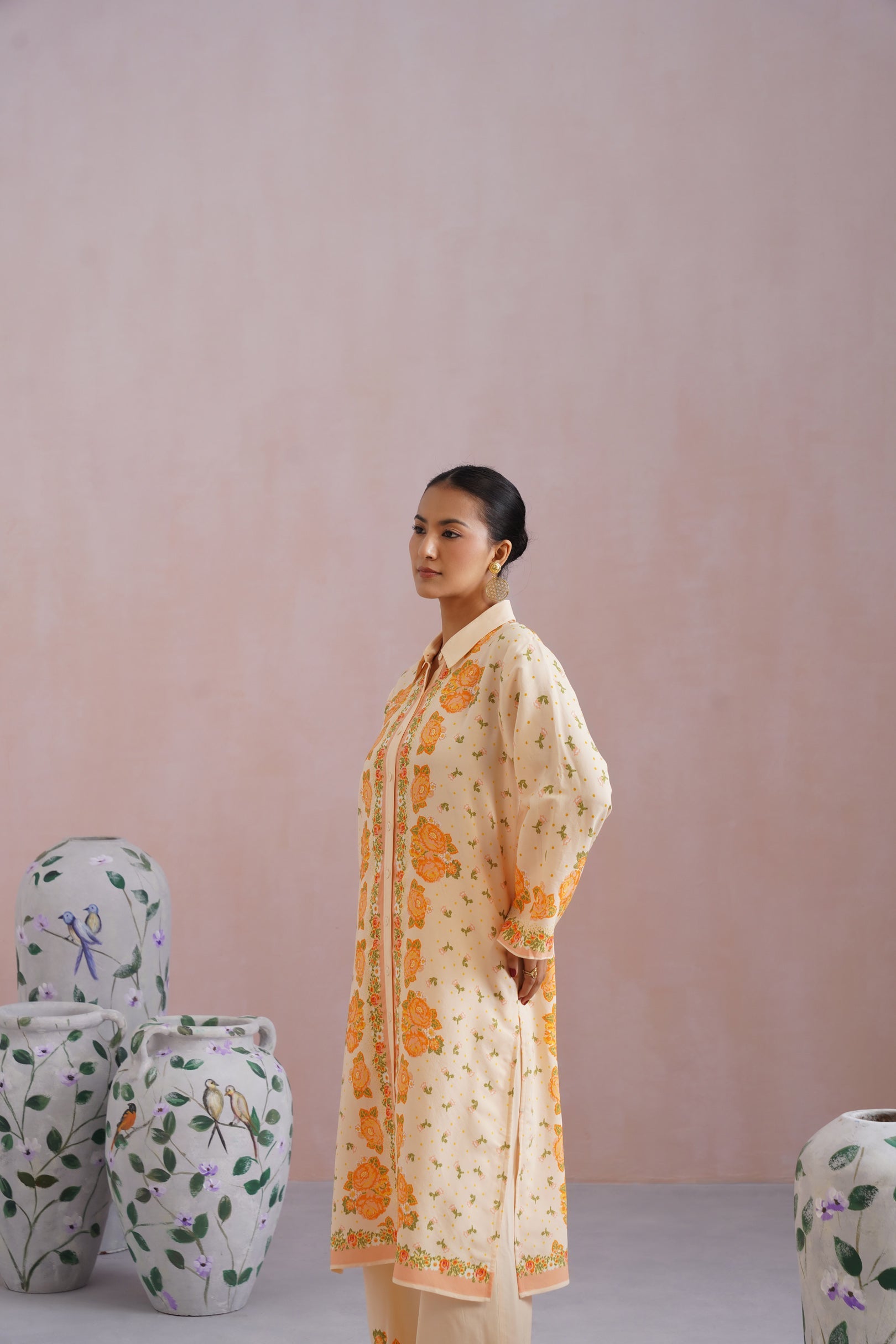 Cream & Orange Floral Digital Placement Printed Kurta Set Korah Stitch