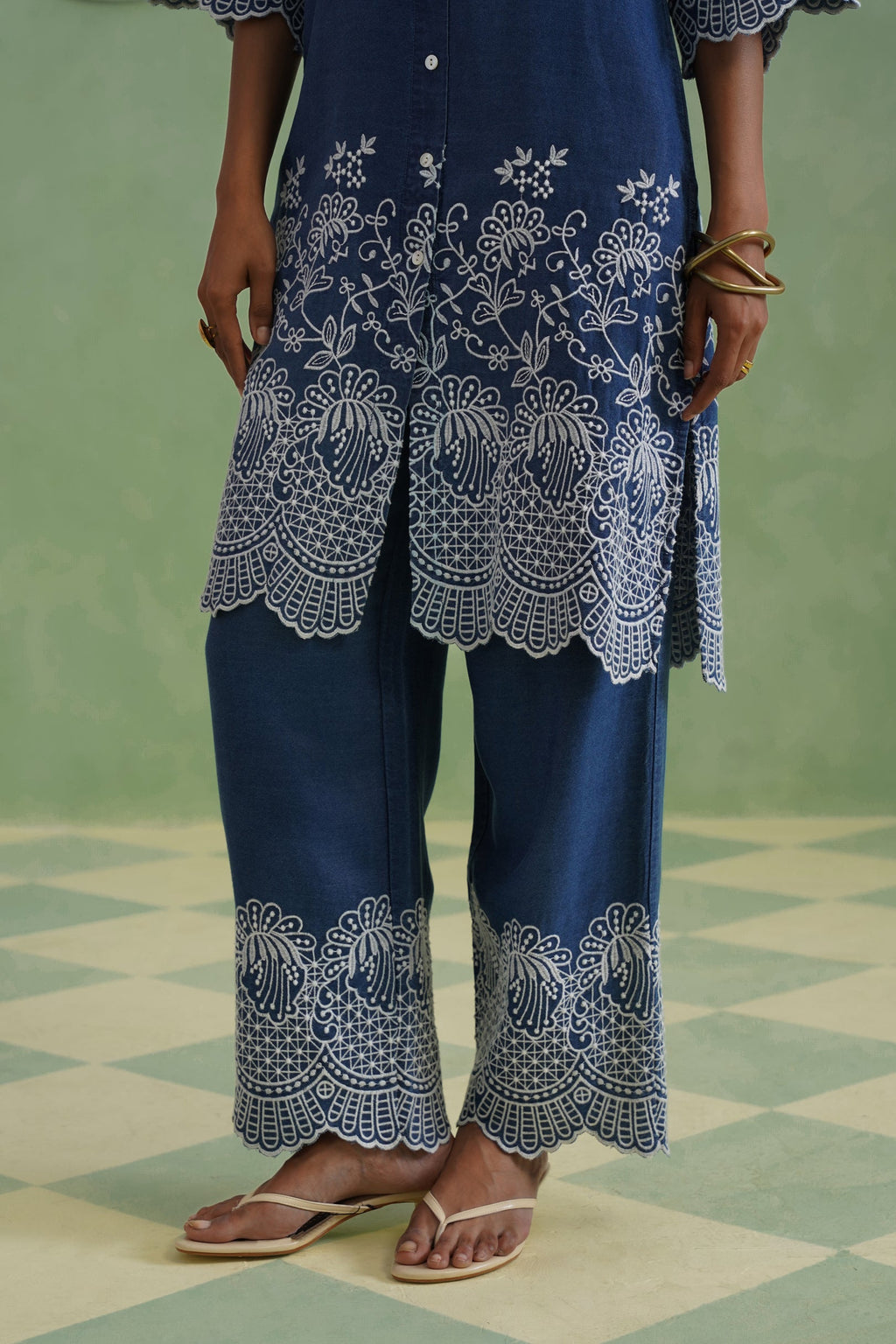 Denim Blue Broderie Kurta Set Korah Stitch