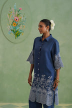 Denim Blue Broderie Kurta Set Korah Stitch