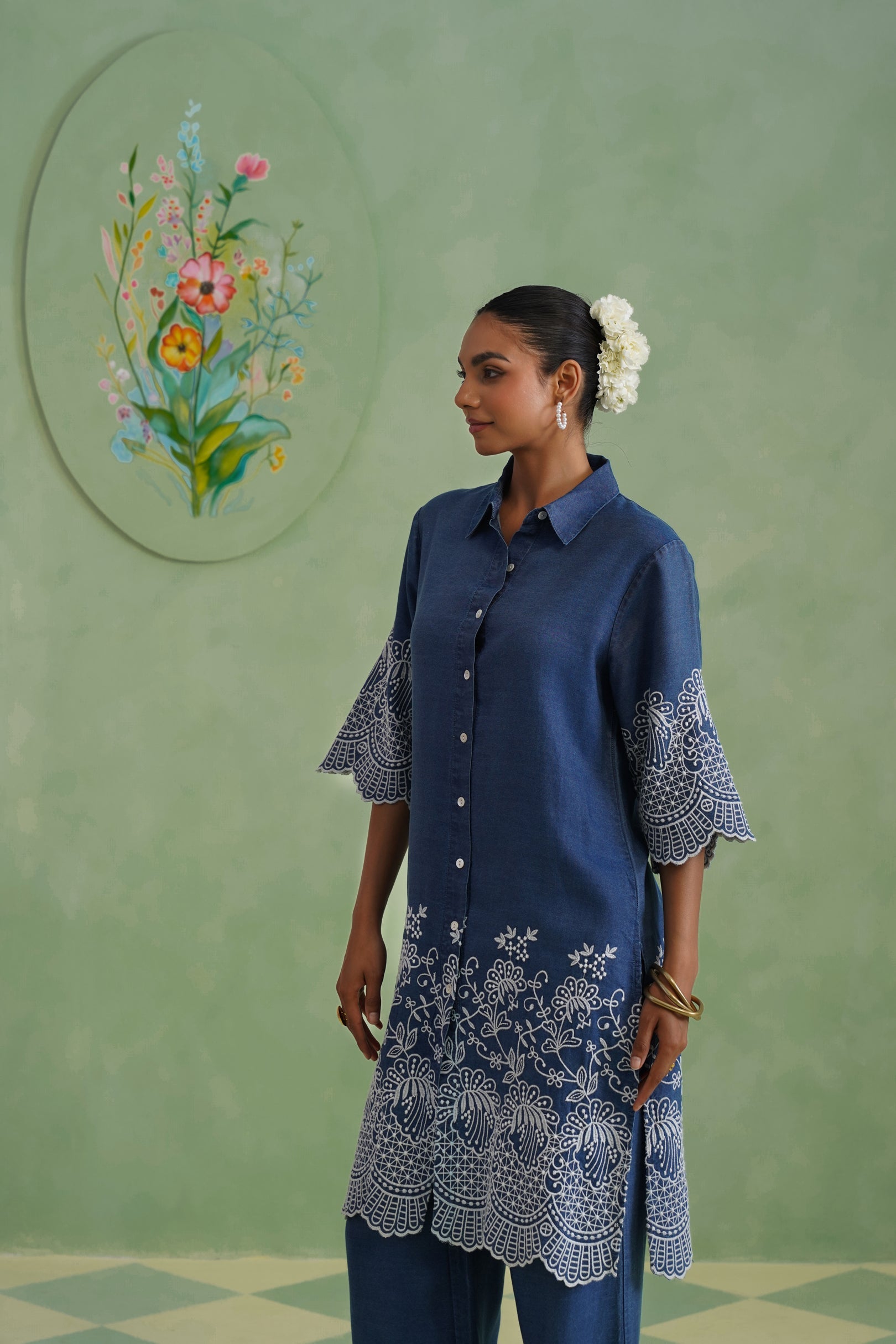 Denim Blue Broderie Kurta Set Korah Stitch