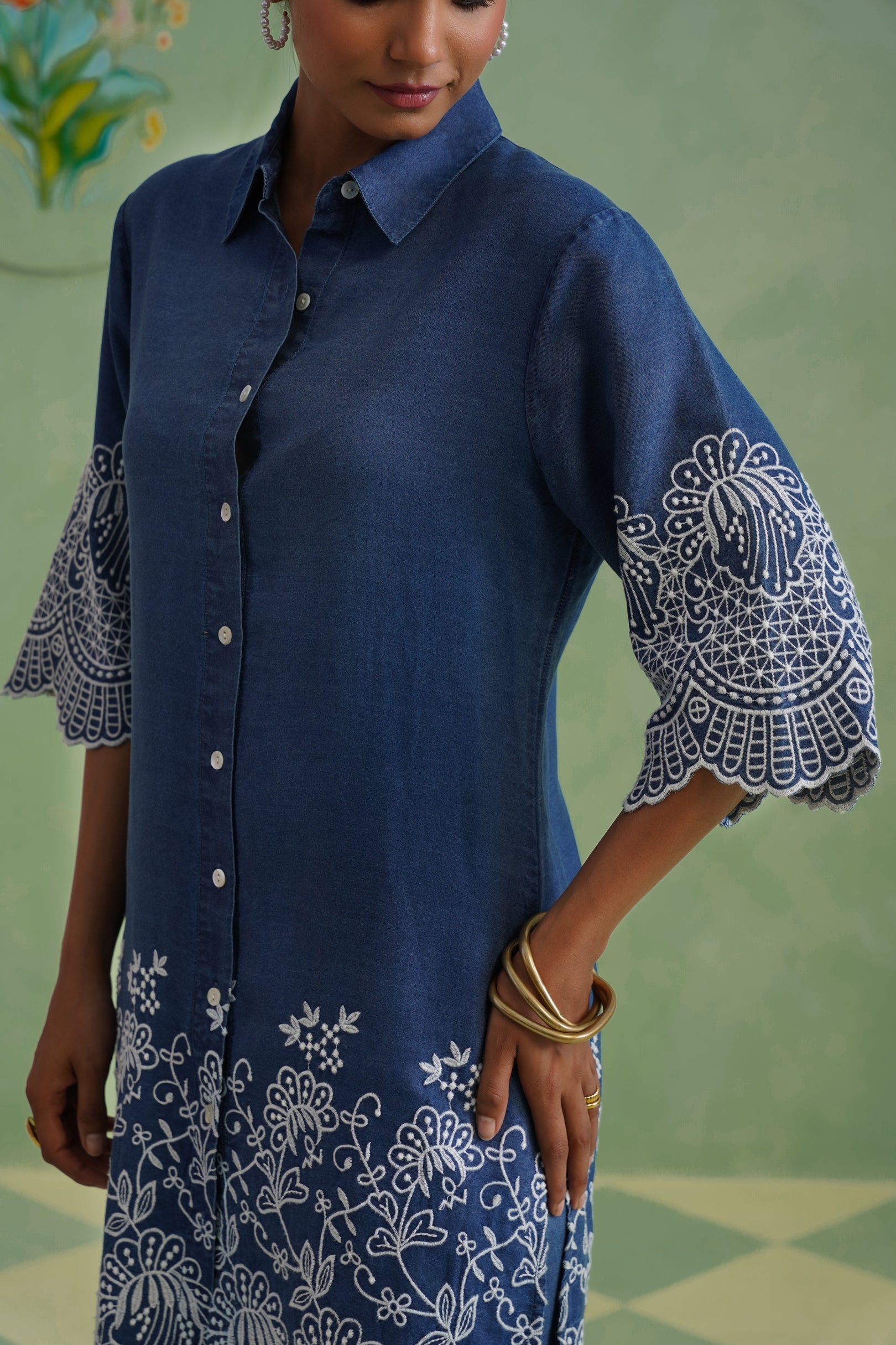 Denim Blue Broderie Kurta Set Korah Stitch