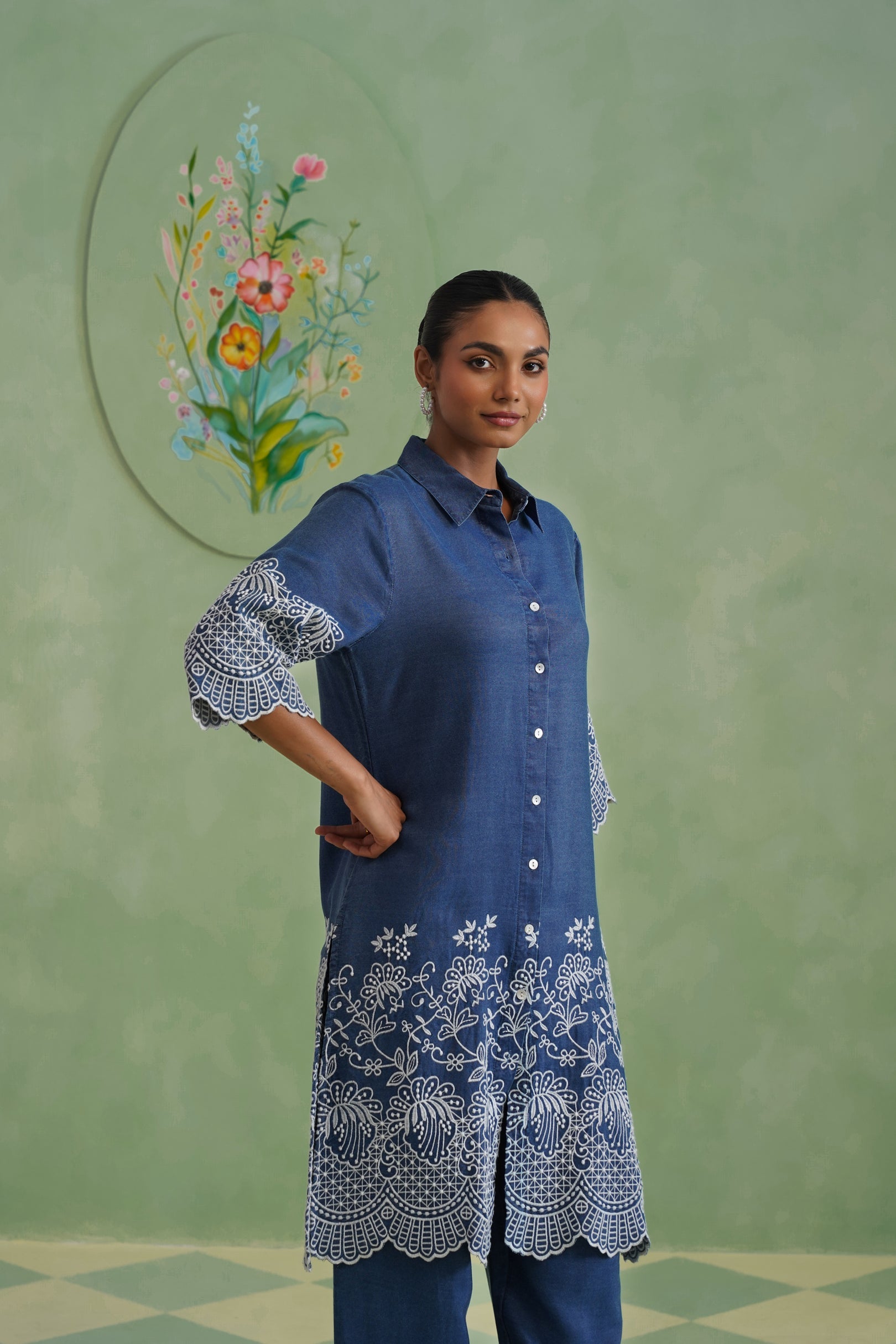 Denim Blue Broderie Kurta Set Korah Stitch
