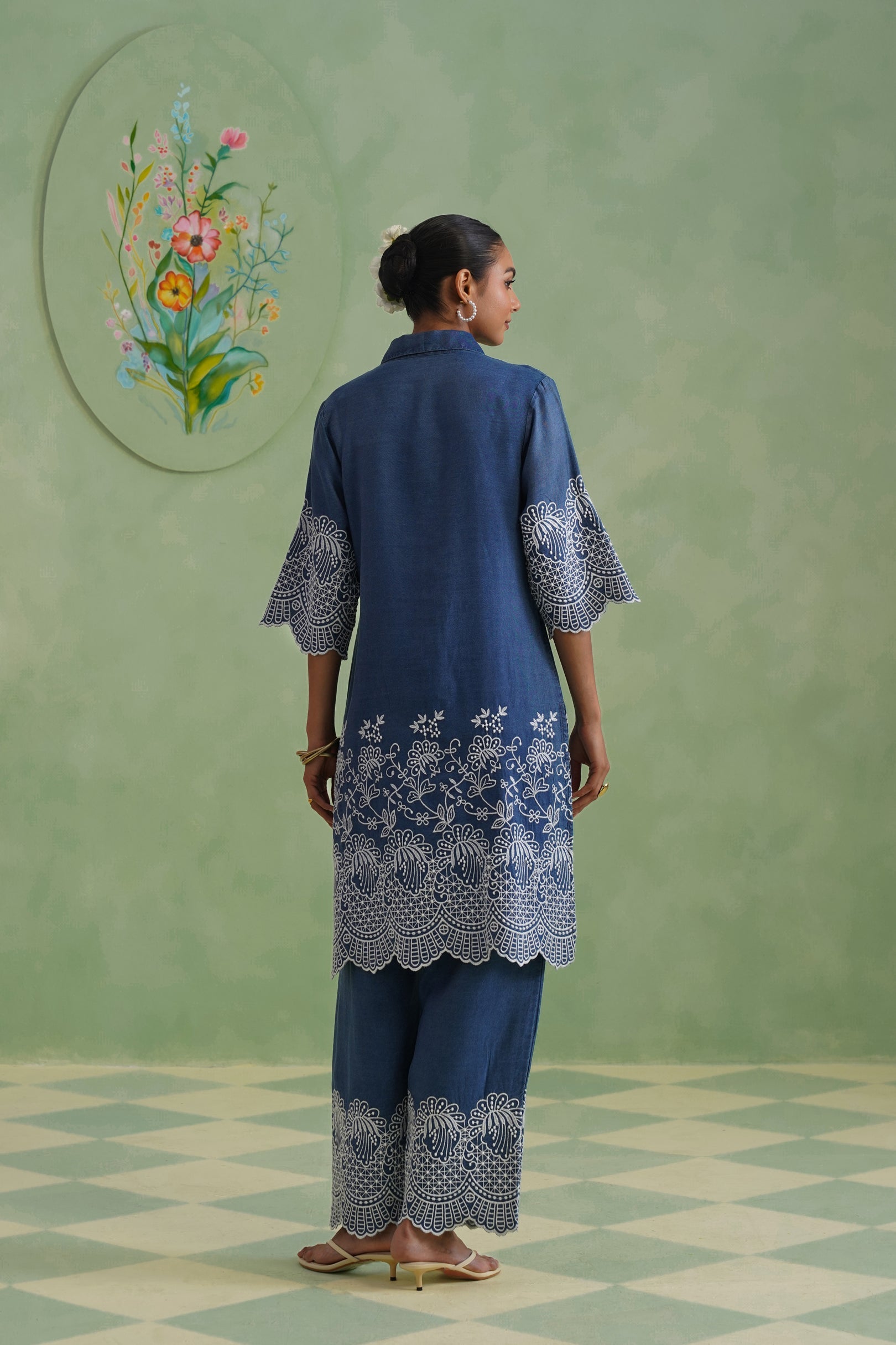 Denim Blue Broderie Kurta Set Korah Stitch