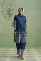 Denim Blue Broderie Kurta Set Korah Stitch