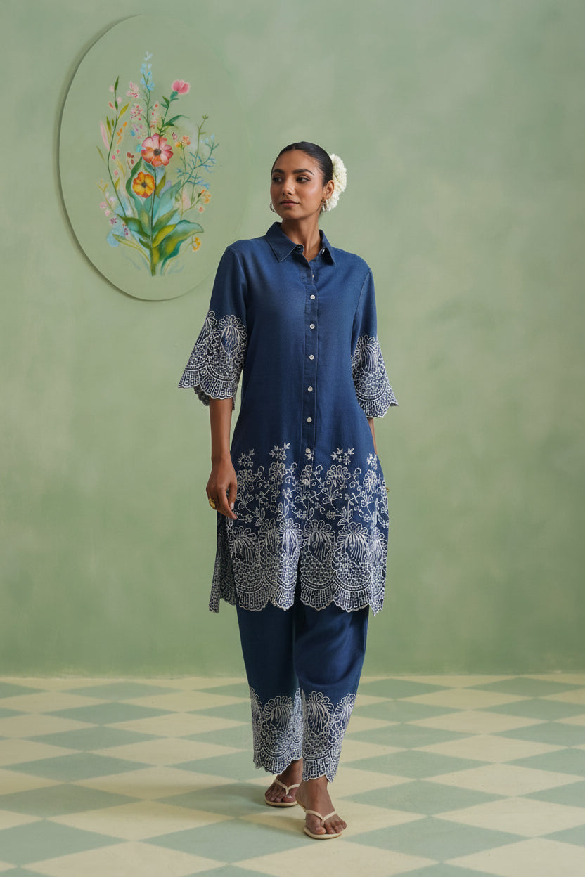 Denim Blue Broderie Kurta Set Korah Stitch
