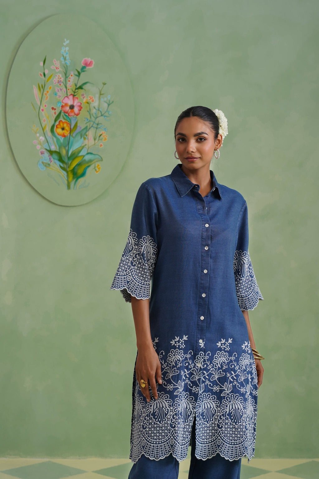 Denim Blue Broderie Kurta Set Korah Stitch
