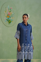Denim Blue Broderie Kurta Set Korah Stitch