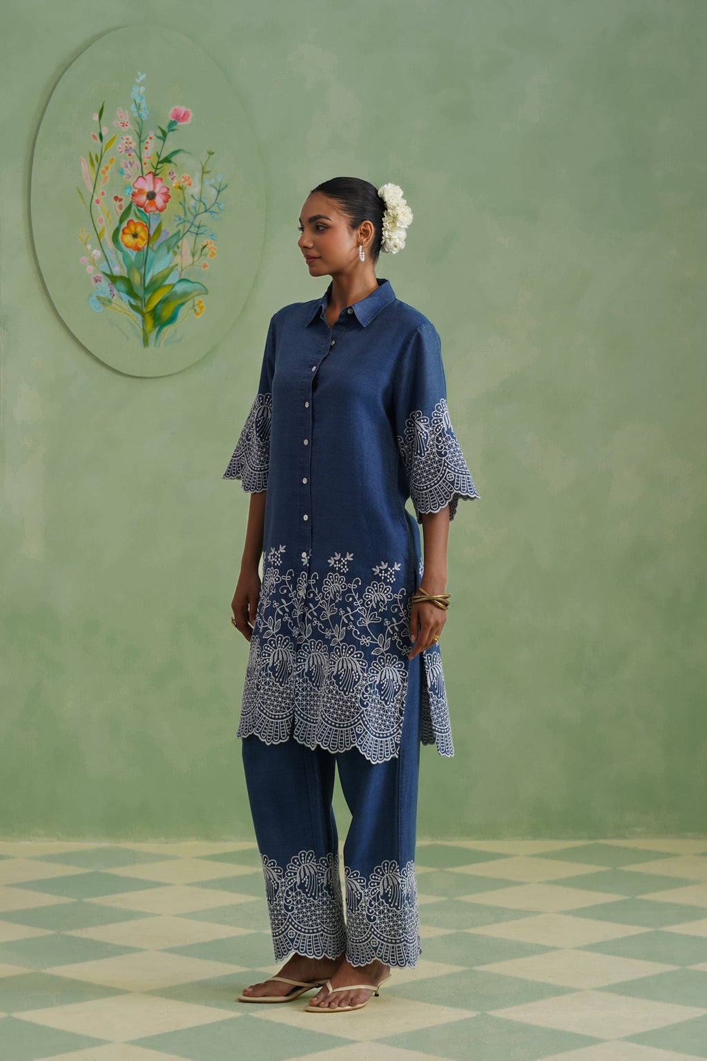 Denim Blue Broderie Kurta Set Korah Stitch