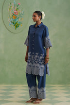 Denim Blue Broderie Kurta Set Korah Stitch