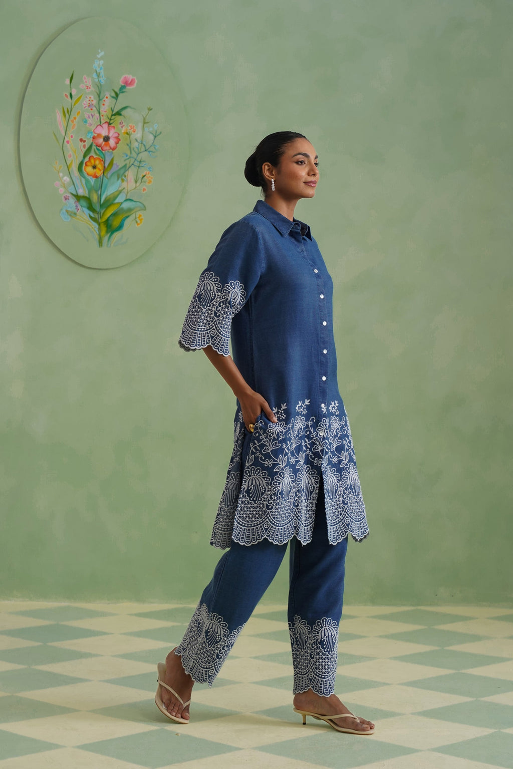 Denim Blue Broderie Kurta Set Korah Stitch