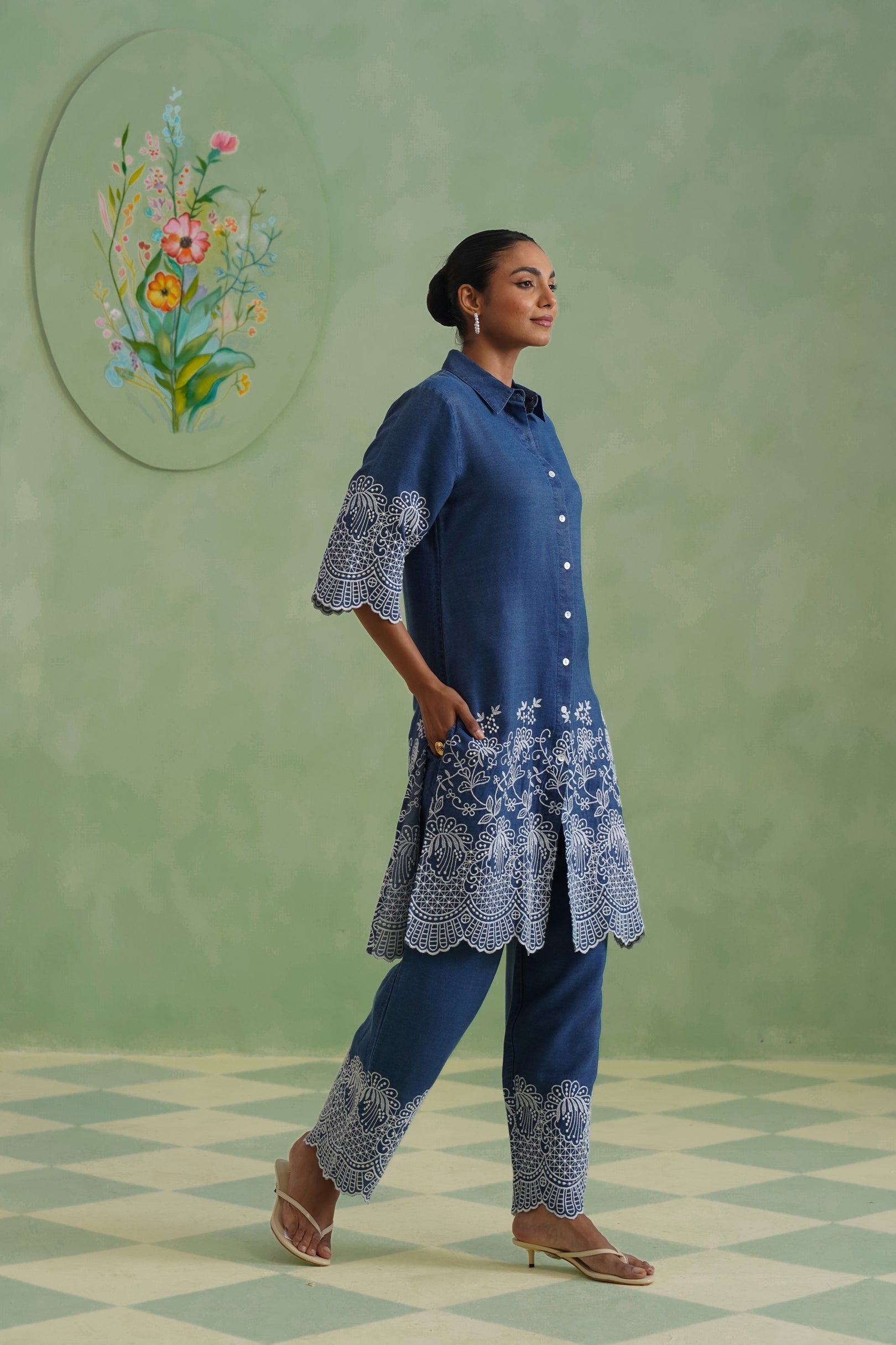 Denim Blue Broderie Kurta Set Korah Stitch