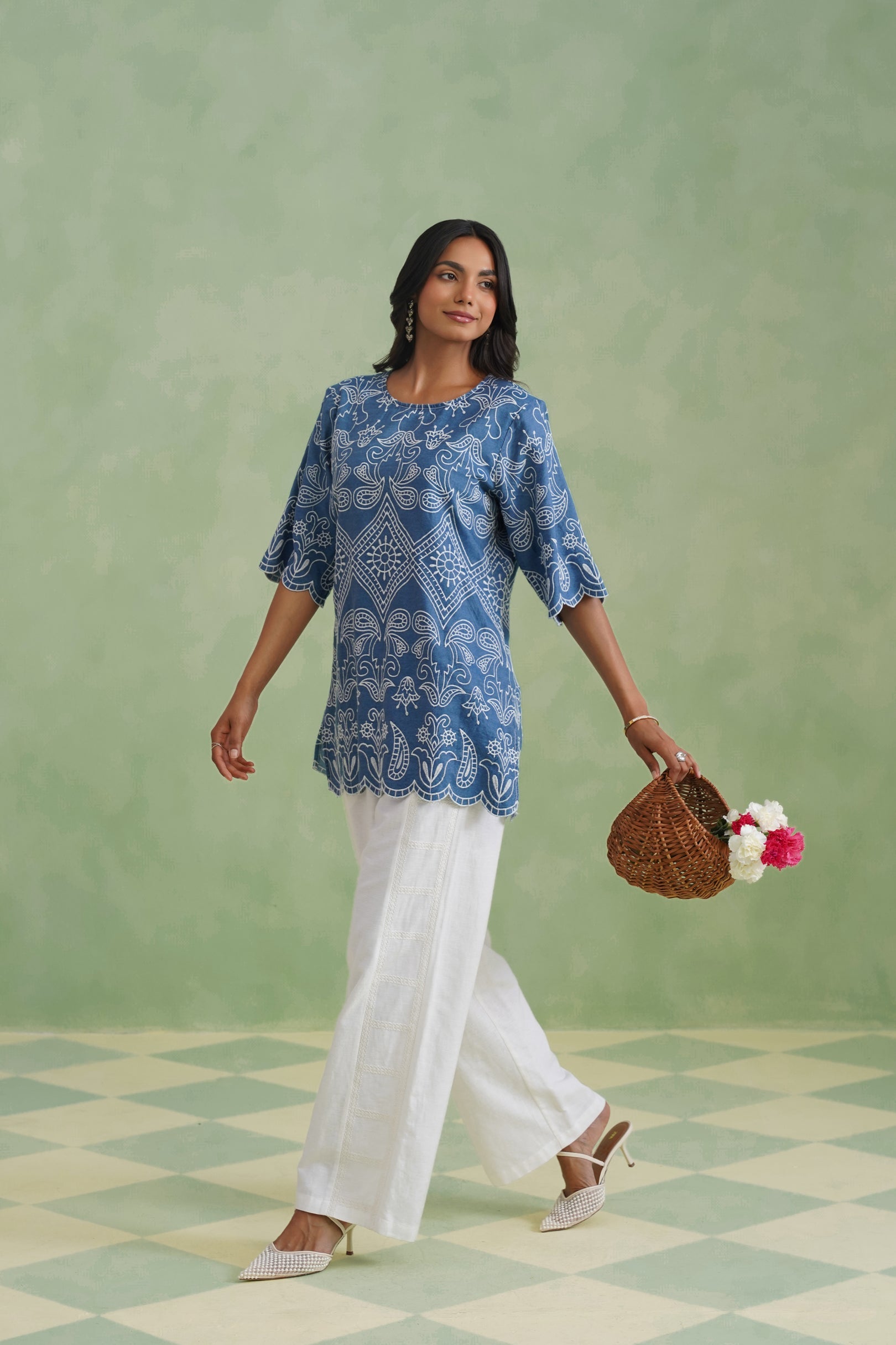 Denim Blue Broderie Scallop Top Korah Stitch
