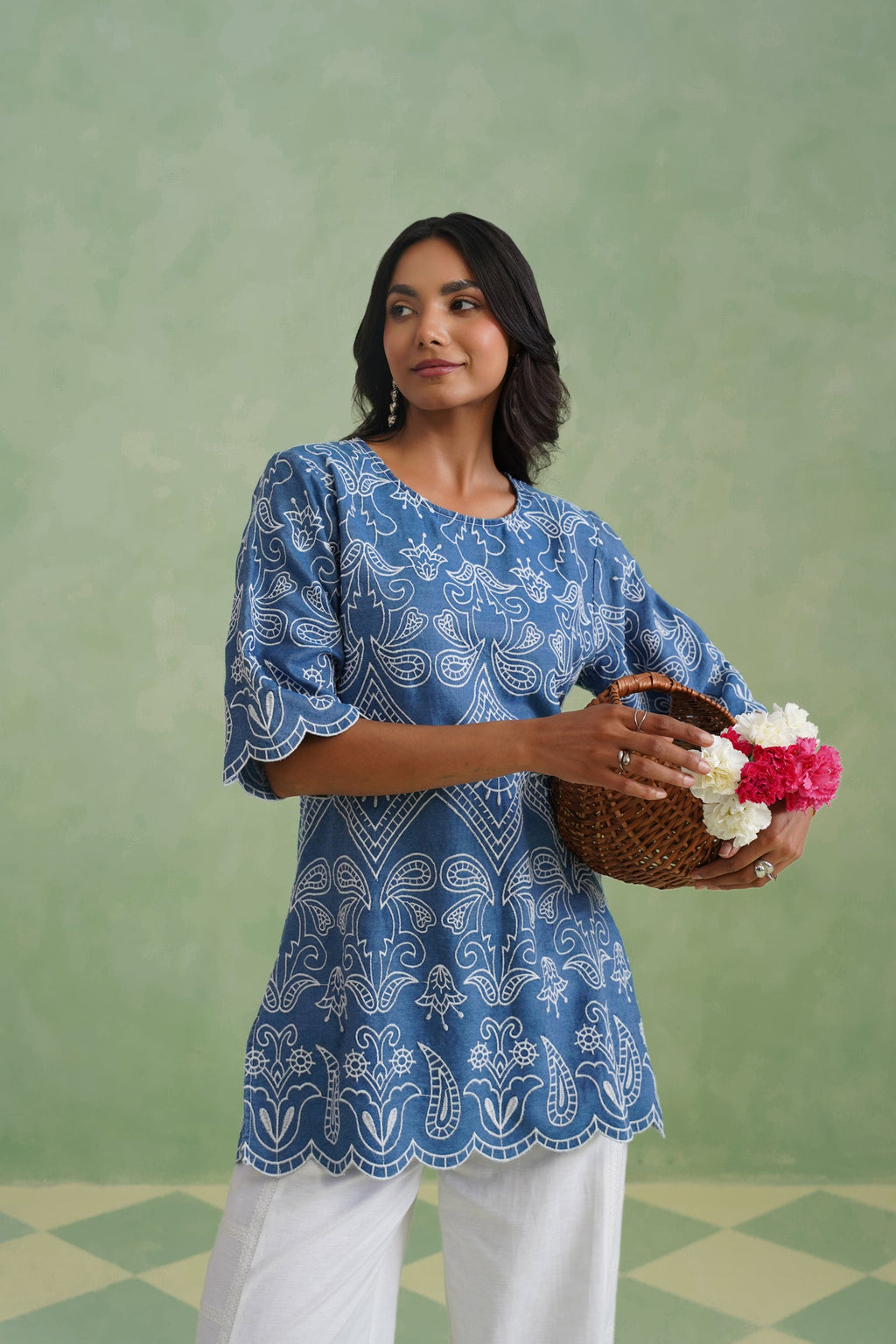 Denim Blue Broderie Scallop Top Korah Stitch