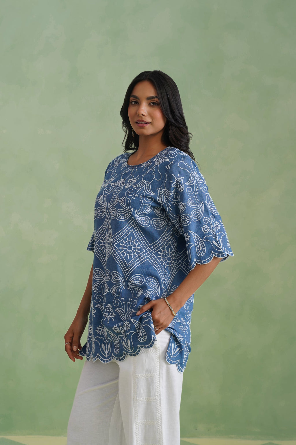 Denim Blue Broderie Scallop Top Korah Stitch