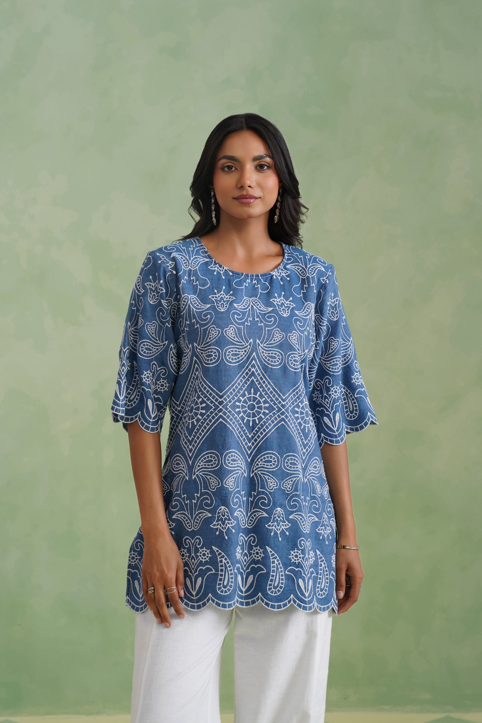 Denim Blue Broderie Scallop Top Korah Stitch
