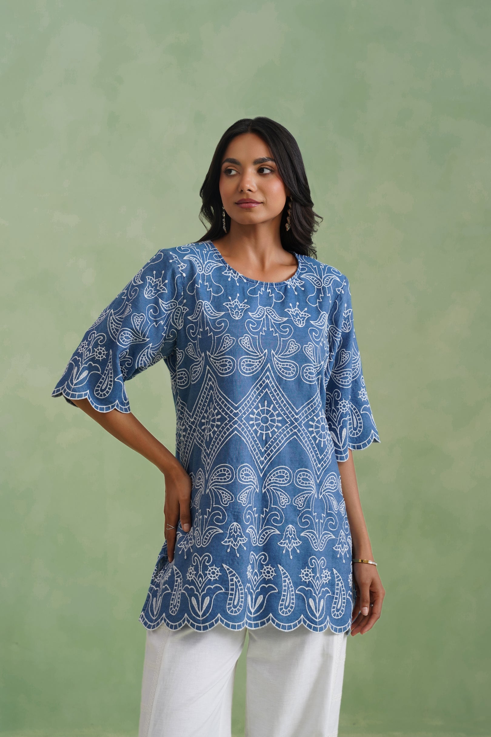 Denim Blue Broderie Scallop Top Korah Stitch