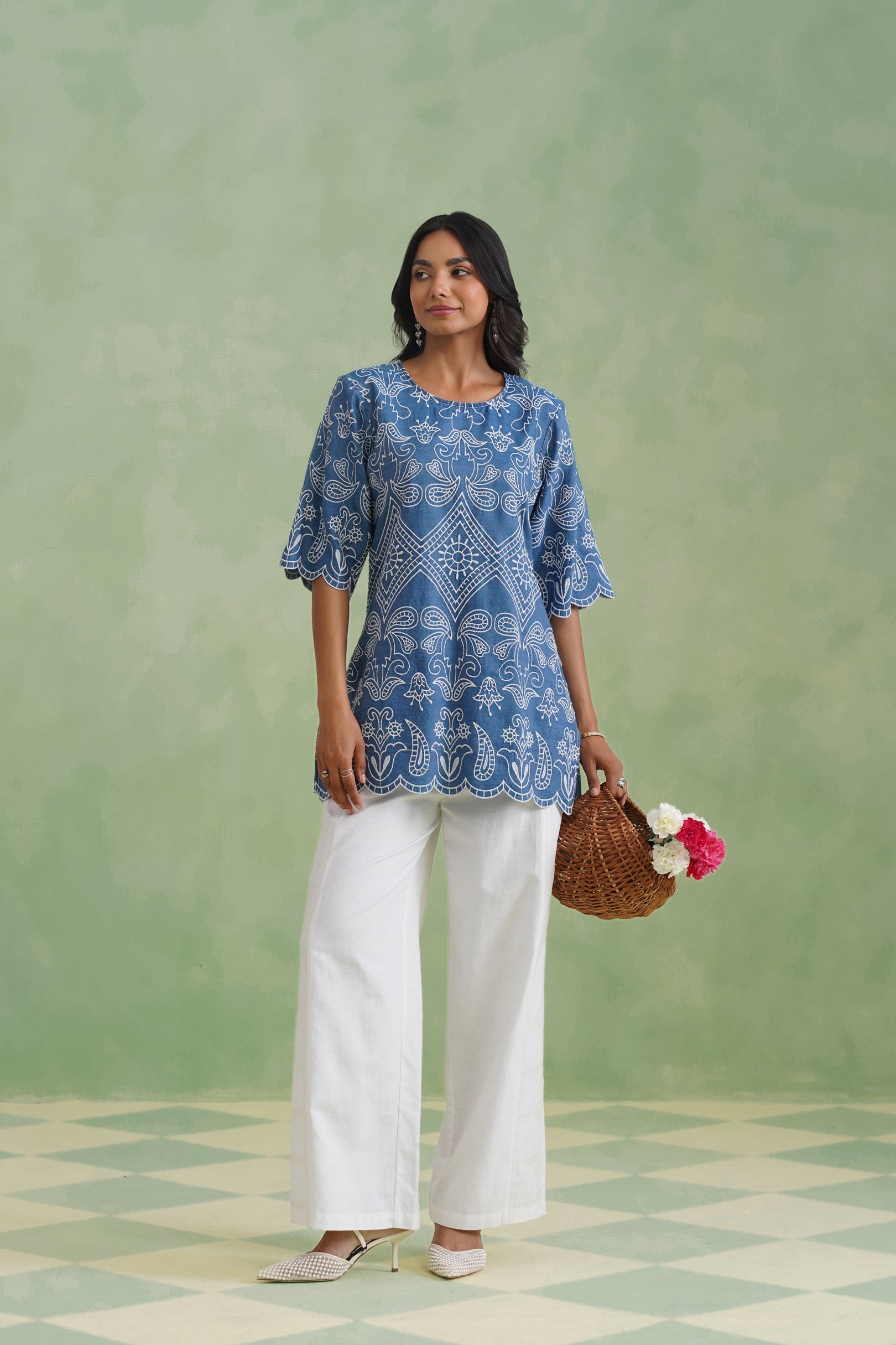 Denim Blue Broderie Scallop Top Korah Stitch