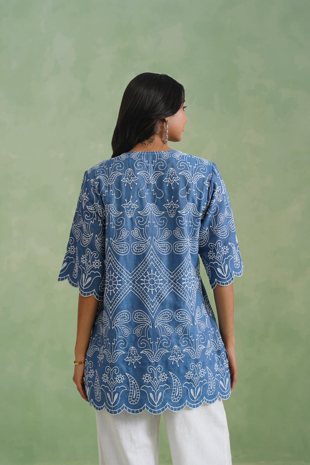 Denim Blue Broderie Scallop Top Korah Stitch