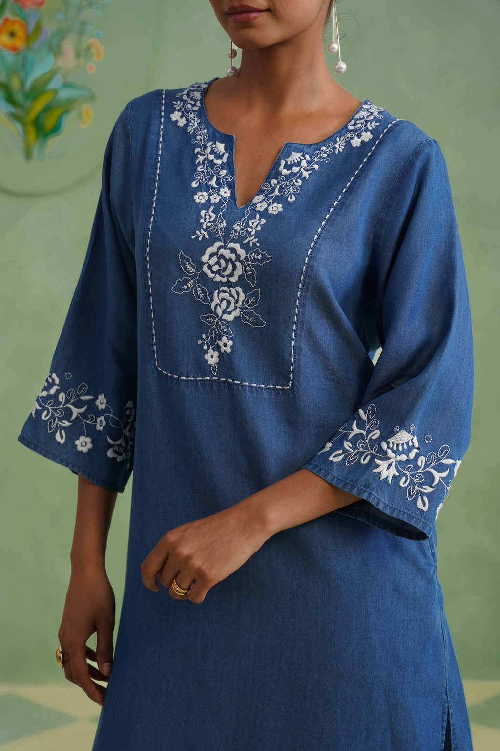 Denim Blue Embroidered Kurta Set Korah Stitch