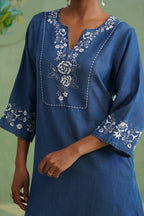 Denim Blue Embroidered Kurta Set Korah Stitch