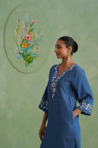 Denim Blue Embroidered Kurta Set Korah Stitch