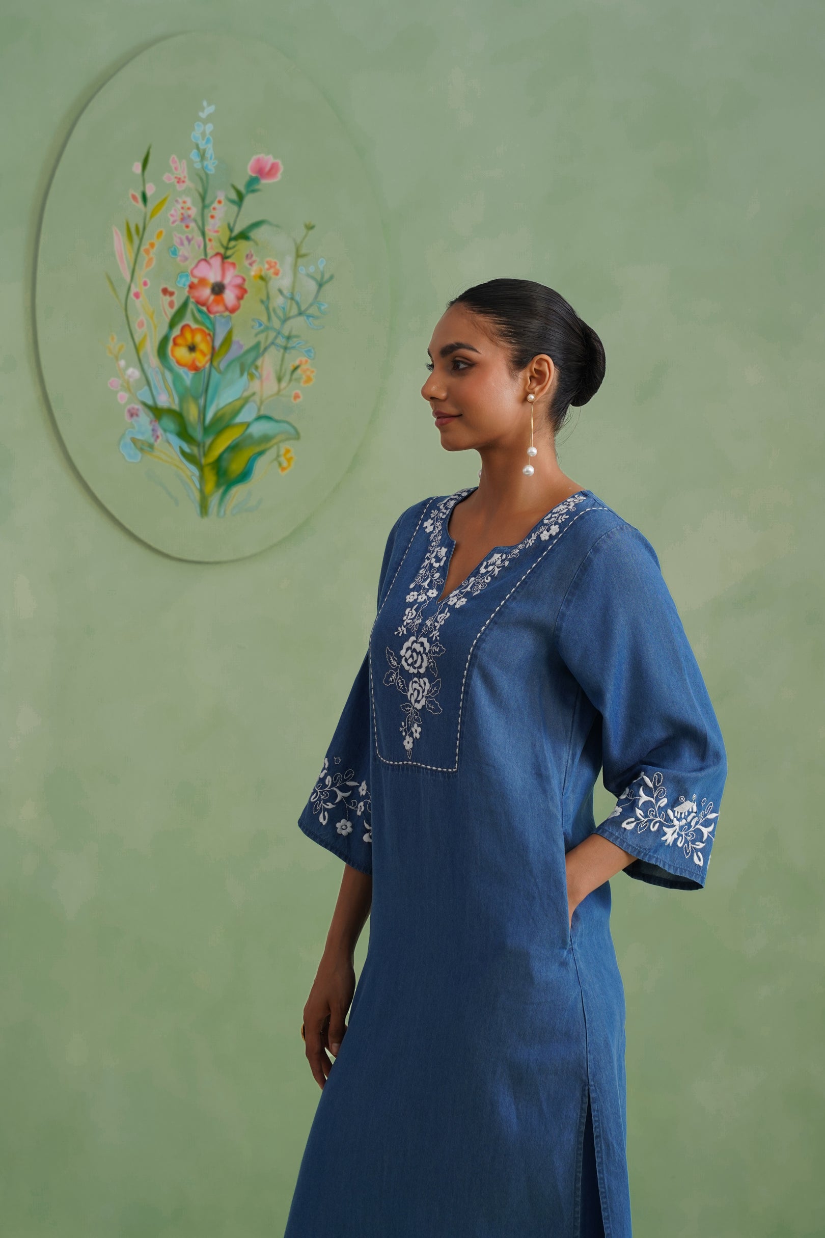 Denim Blue Embroidered Kurta Set Korah Stitch
