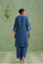Denim Blue Embroidered Kurta Set Korah Stitch