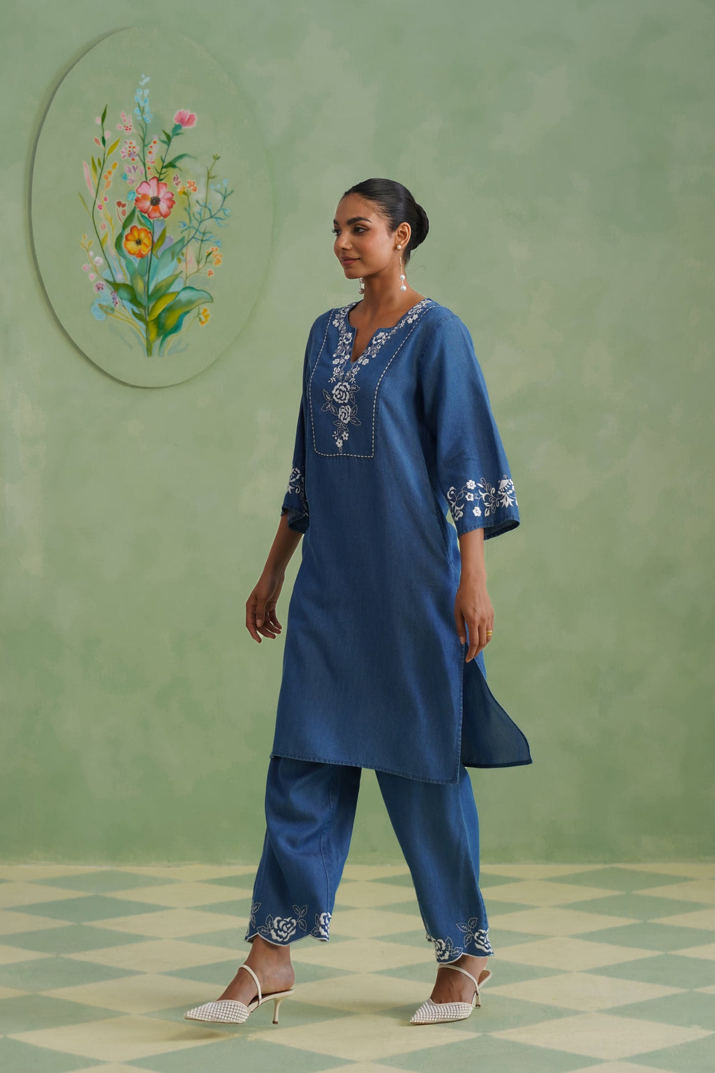 Denim Blue Embroidered Kurta Set Korah Stitch