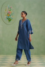 Denim Blue Embroidered Kurta Set Korah Stitch