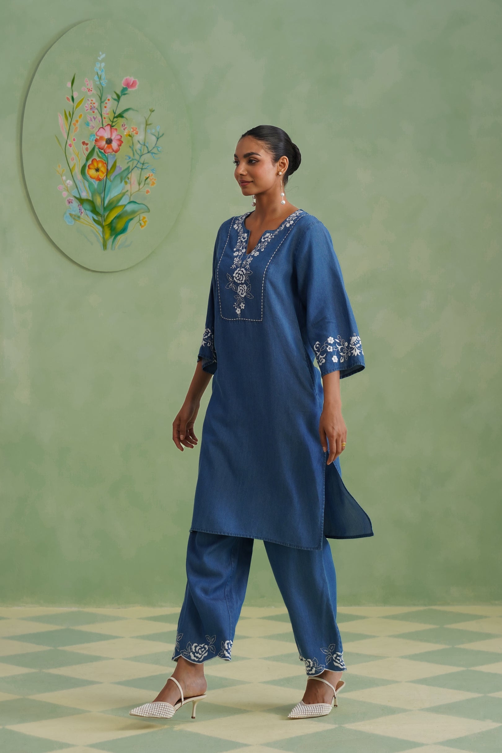Denim Blue Embroidered Kurta Set Korah Stitch
