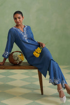 Denim Blue Embroidered Kurta Set Korah Stitch