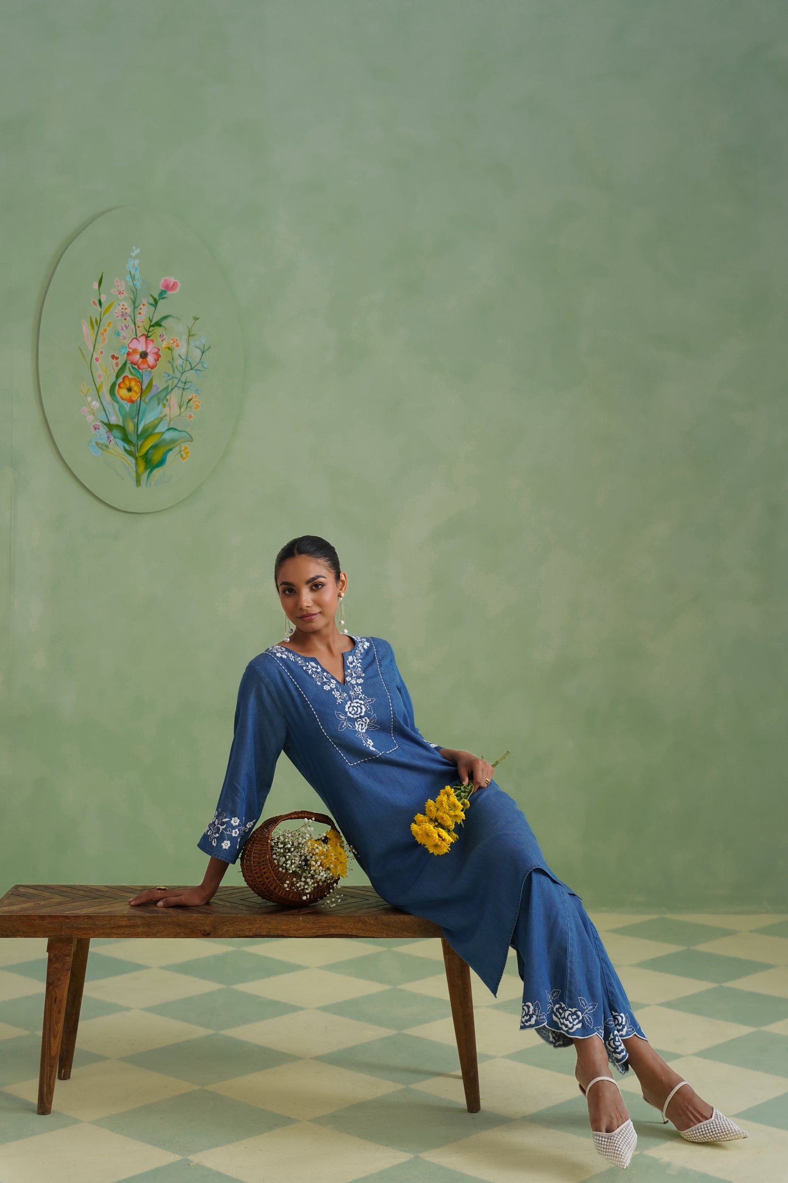 Denim Blue Embroidered Kurta Set Korah Stitch