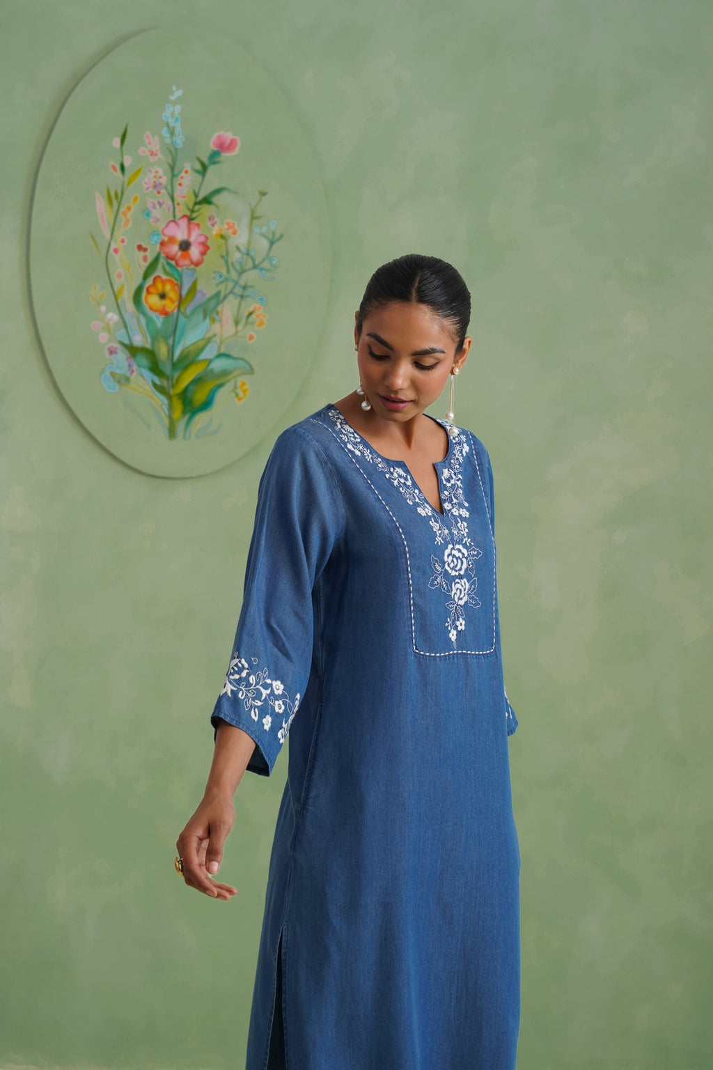 Denim Blue Embroidered Kurta Set Korah Stitch