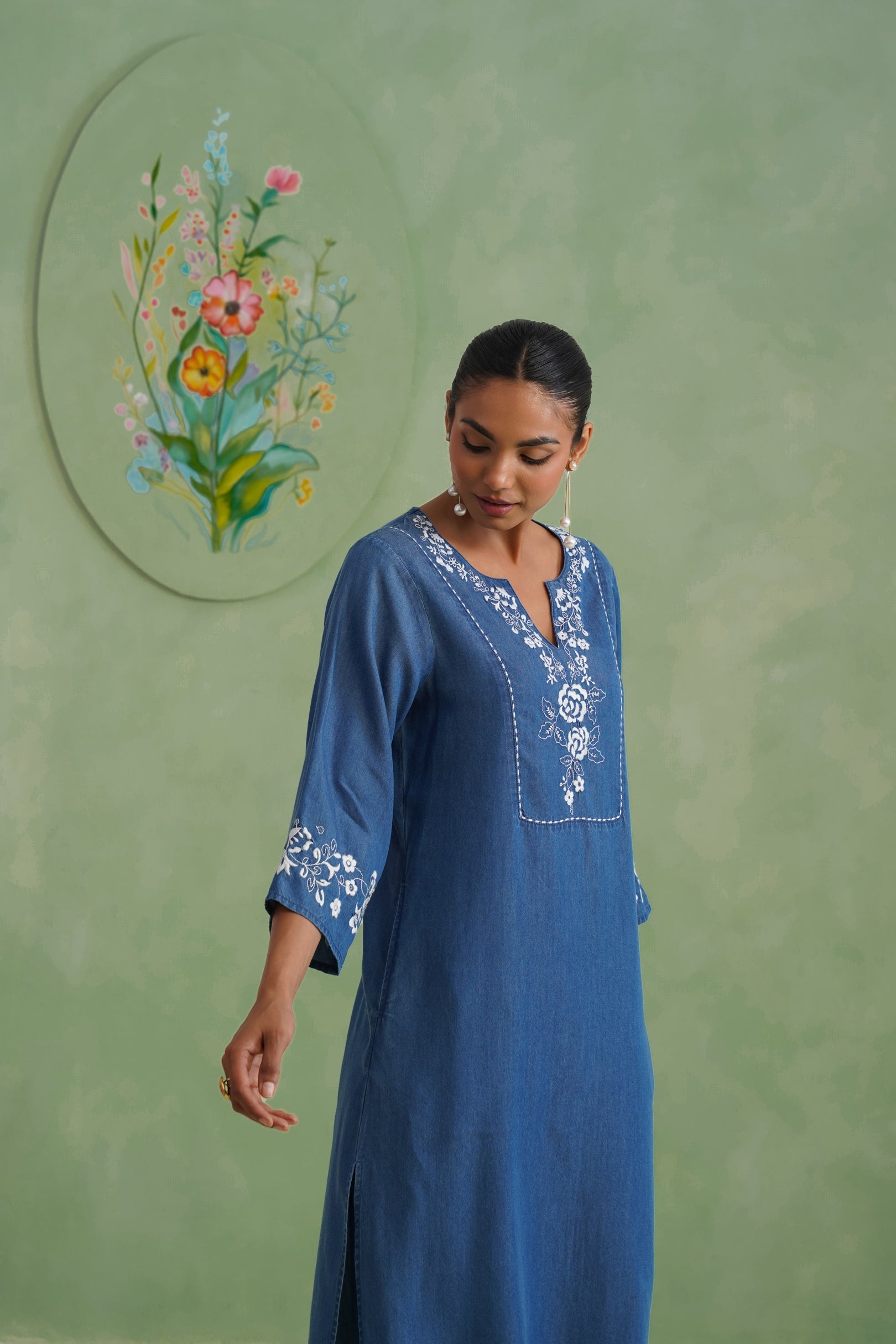 Denim Blue Embroidered Kurta Set Korah Stitch
