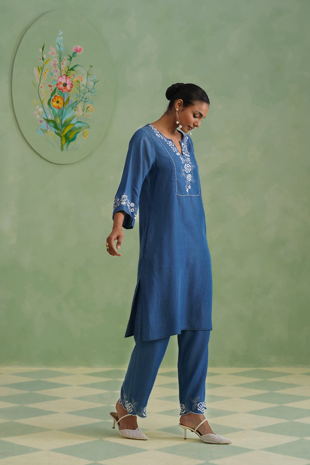 Denim Blue Embroidered Kurta Set Korah Stitch
