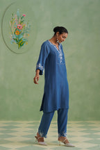 Denim Blue Embroidered Kurta Set Korah Stitch