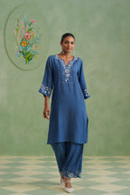 Denim Blue Embroidered Kurta Set Korah Stitch
