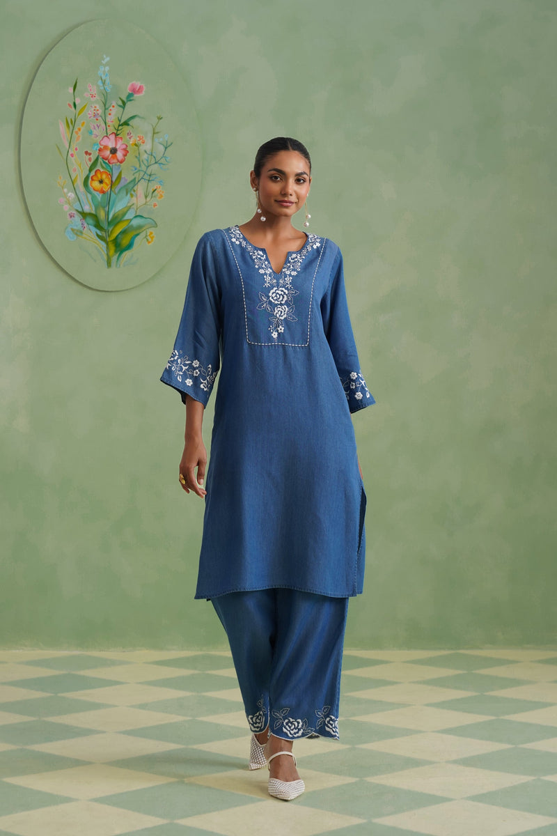 Denim Blue Embroidered Kurta Set Korah Stitch