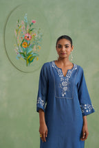 Denim Blue Embroidered Kurta Set Korah Stitch