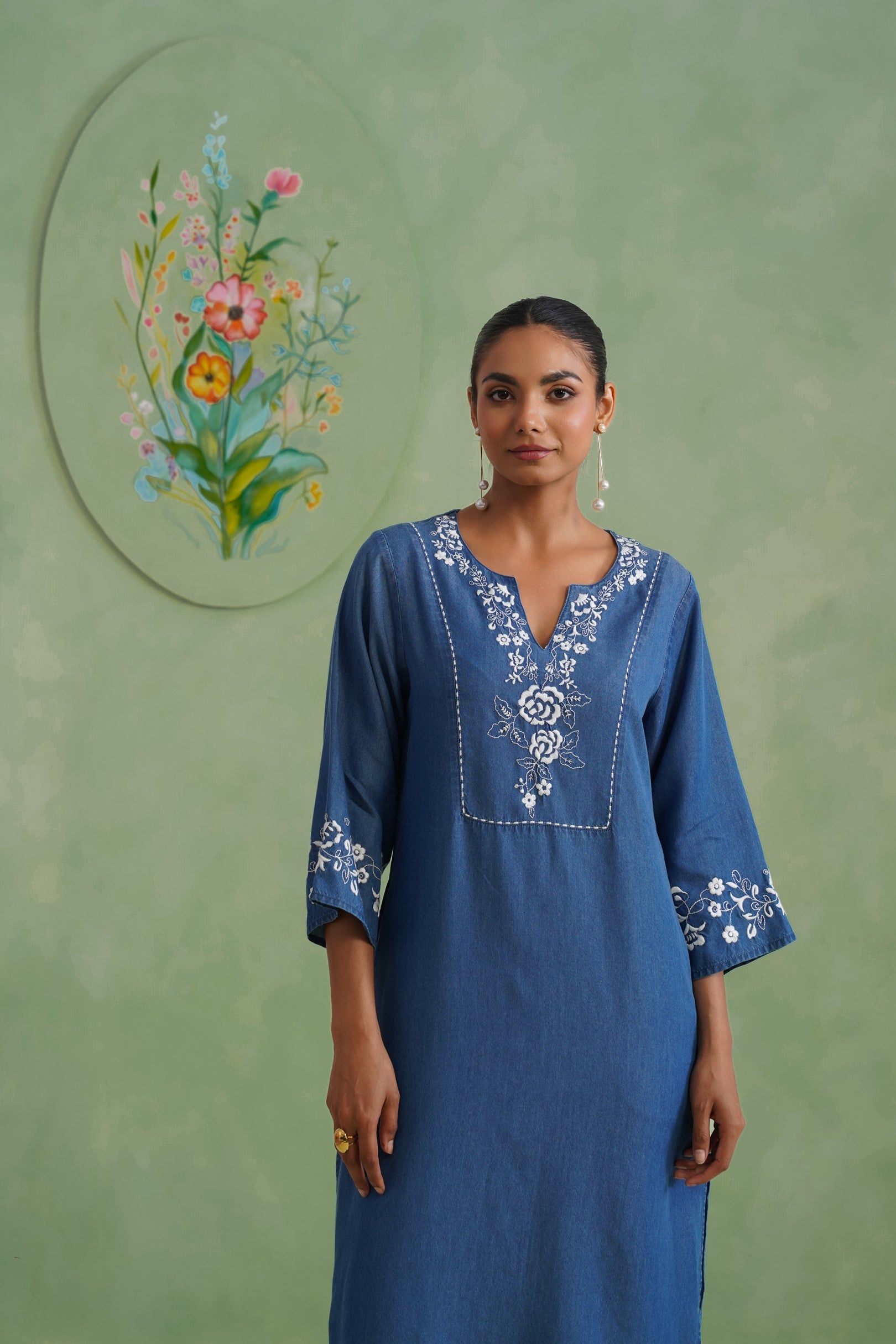 Denim Blue Embroidered Kurta Set Korah Stitch