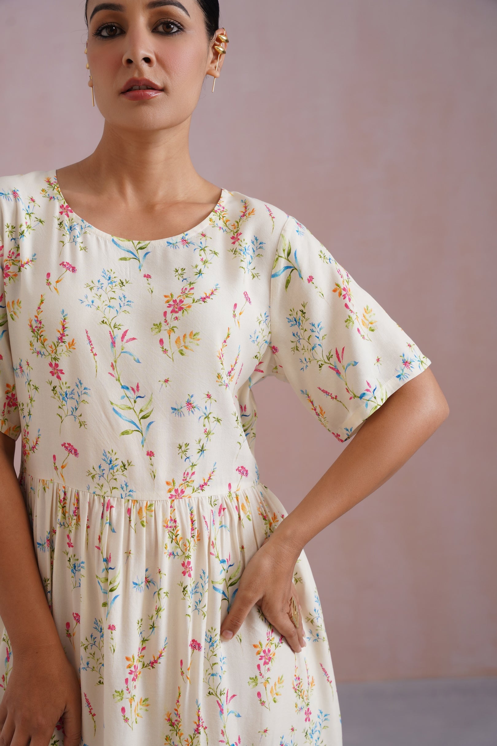 Ditsy Floral Digital Printed Flared Midi Dress Korah Stitch