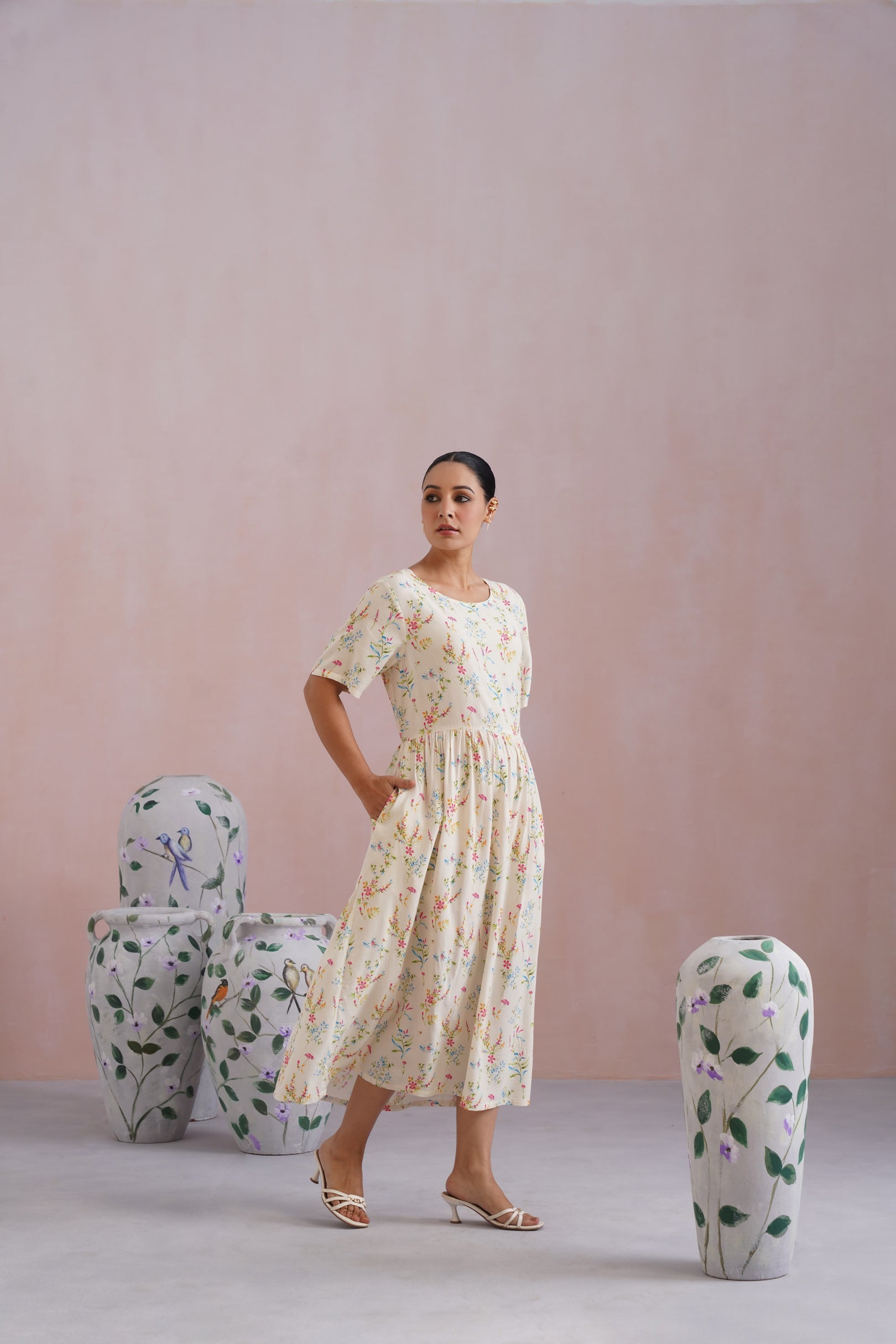 Ditsy Floral Digital Printed Flared Midi Dress Korah Stitch