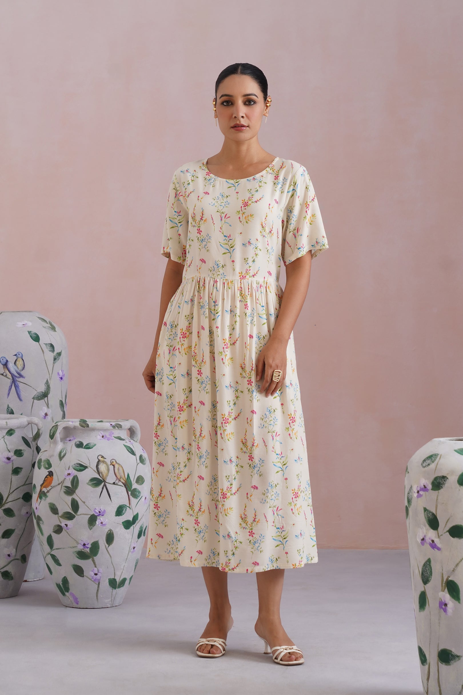 Ditsy Floral Digital Printed Flared Midi Dress Korah Stitch