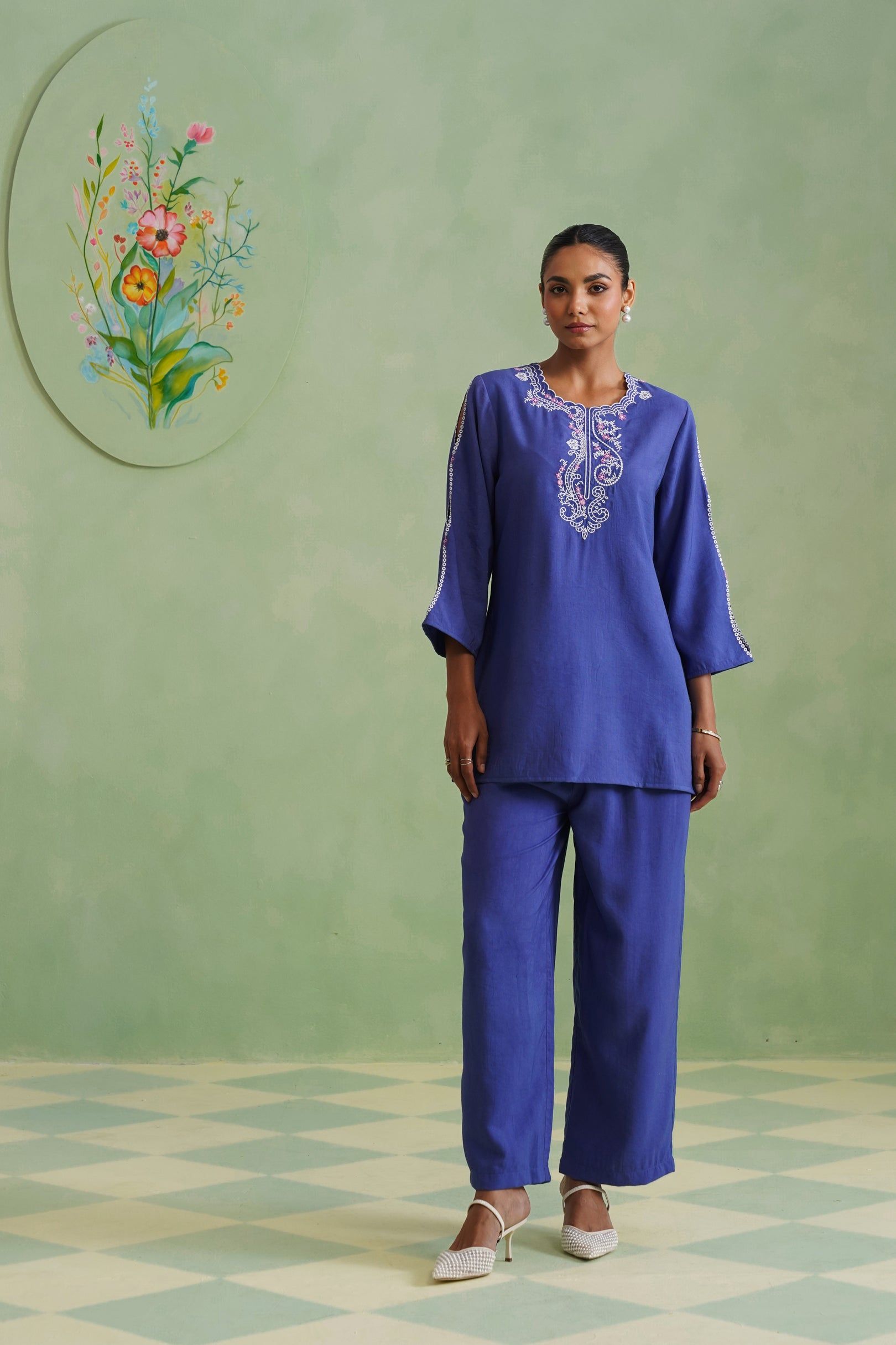 Dusty Lilac Blue Embroidered Co-ord Set Korah Stitch