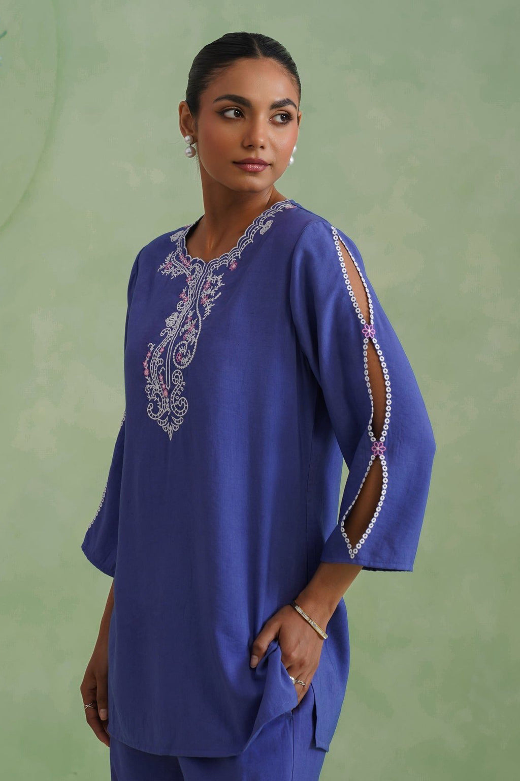 Dusty Lilac Blue Embroidered Co-ord Set Korah Stitch