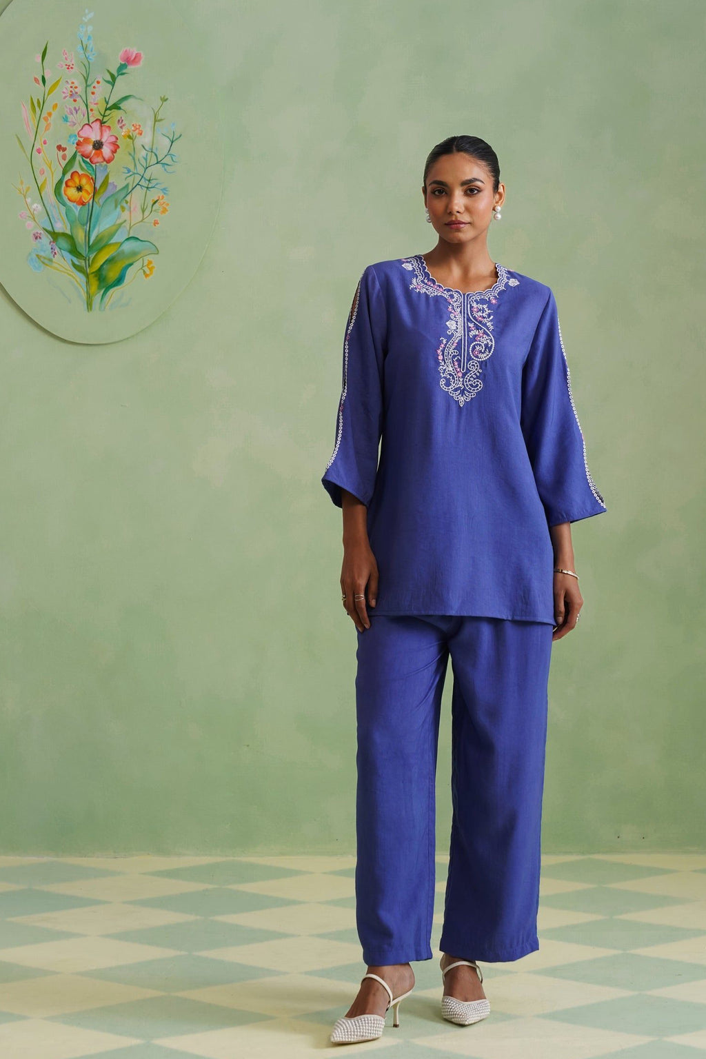 Dusty Lilac Blue Embroidered Co-ord Set Korah Stitch